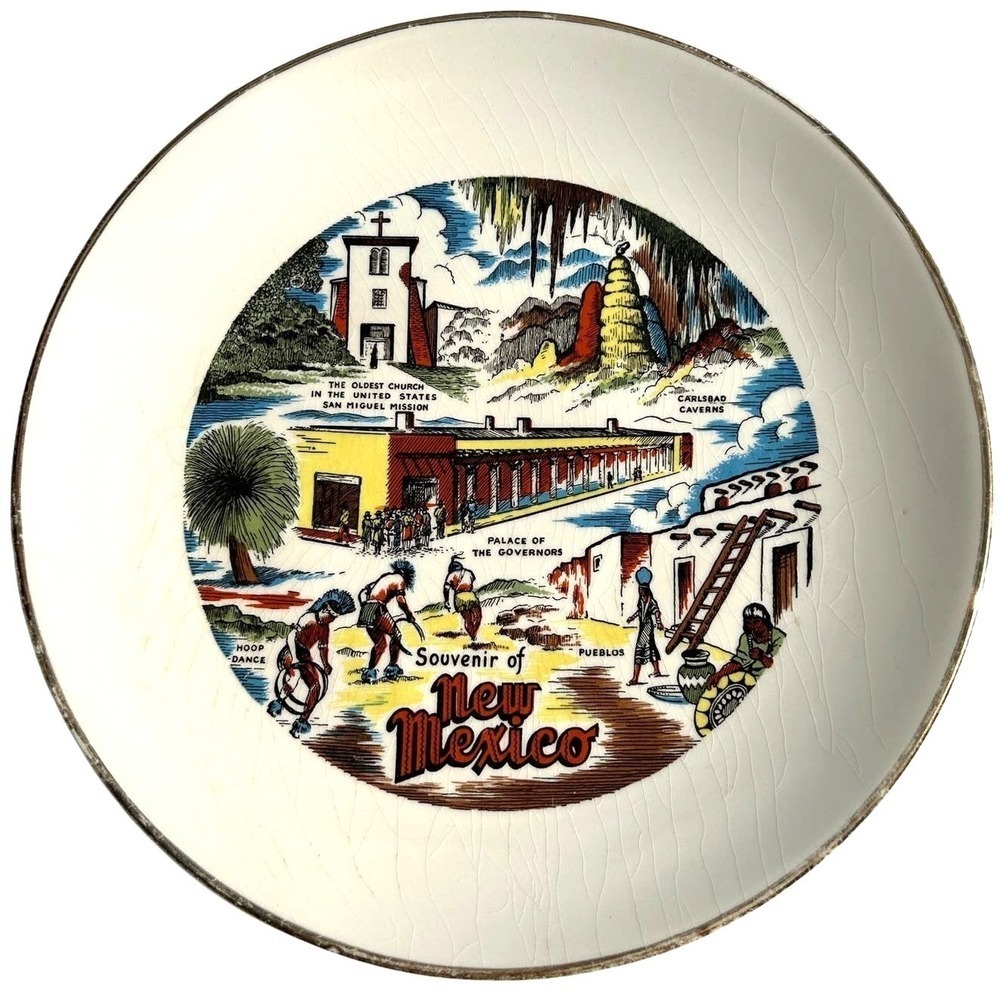 New Mexico Souvenir Plate Vintage Mid Century Carlsbad Caverns San Miguel